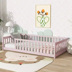 Lit au sol Montessori Bellemave double avec barrière de sécurité, lit plateforme pour enfants avec rambardes, cadre en bois massif, pour chambre d'enfant et de bébé