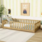 Lit au sol Montessori Bellemave double avec barrière de sécurité, lit plateforme pour enfants avec rambardes, cadre en bois massif, pour chambre d'enfant et de bébé