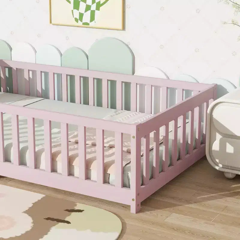 Lit au sol Montessori Bellemave double avec barrière de sécurité, lit plateforme pour enfants avec rambardes, cadre en bois massif, pour chambre d'enfant et de bébé