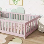 Lit au sol Montessori Bellemave double avec barrière de sécurité, lit plateforme pour enfants avec rambardes, cadre en bois massif, pour chambre d'enfant et de bébé