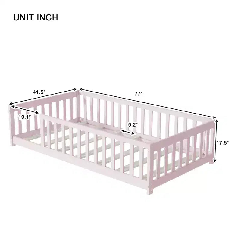 Lit au sol Montessori Bellemave double avec barrière de sécurité, lit plateforme pour enfants avec rambardes, cadre en bois massif, pour chambre d'enfant et de bébé