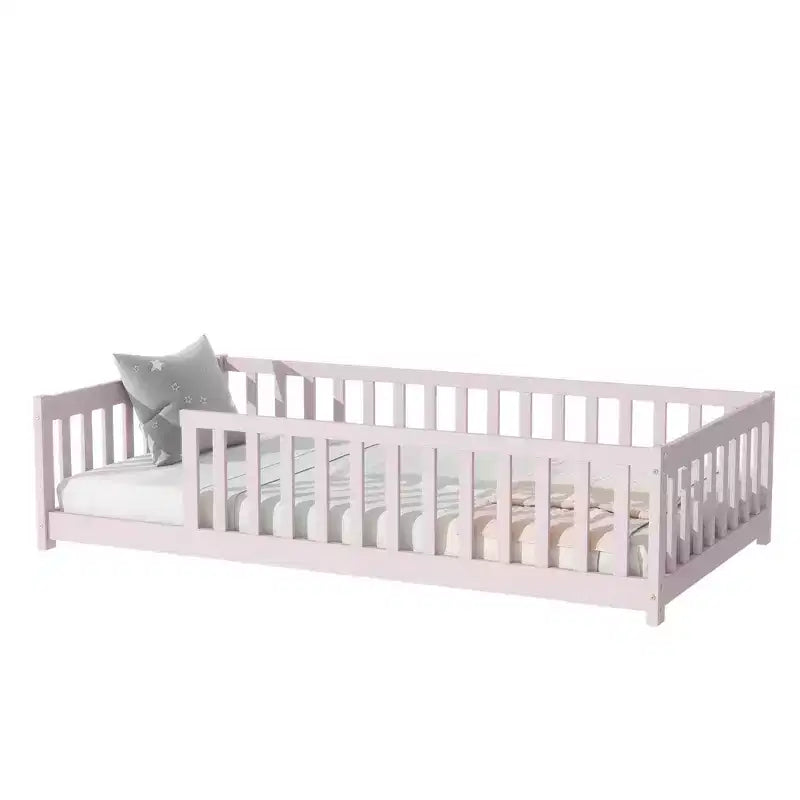 Lit au sol Montessori Bellemave double avec barrière de sécurité, lit plateforme pour enfants avec rambardes, cadre en bois massif, pour chambre d'enfant et de bébé
