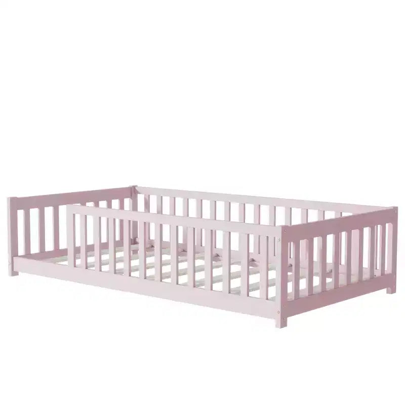 Lit au sol Montessori Bellemave double avec barrière de sécurité, lit plateforme pour enfants avec rambardes, cadre en bois massif, pour chambre d'enfant et de bébé