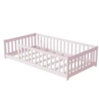 Lit au sol Montessori Bellemave double avec barrière de sécurité, lit plateforme pour enfants avec rambardes, cadre en bois massif, pour chambre d'enfant et de bébé