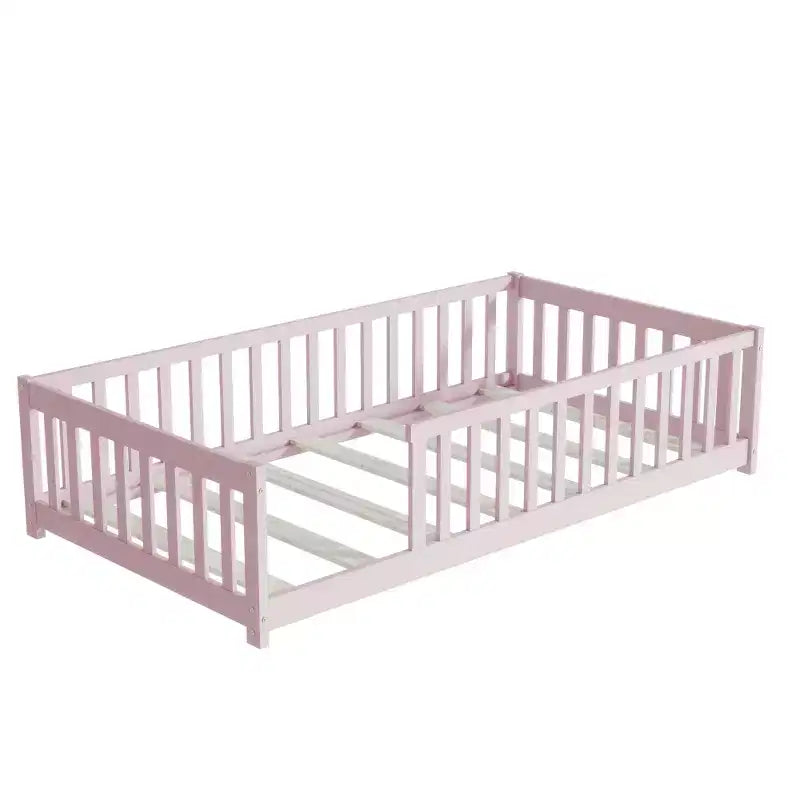Lit au sol Montessori Bellemave double avec barrière de sécurité, lit plateforme pour enfants avec rambardes, cadre en bois massif, pour chambre d'enfant et de bébé
