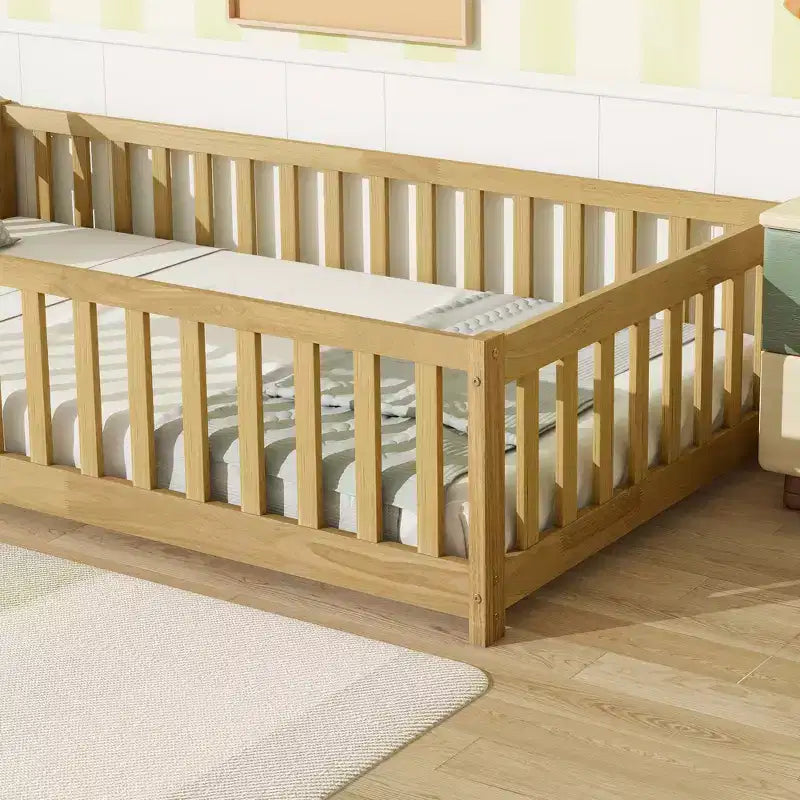 Lit au sol Montessori Bellemave double avec barrière de sécurité, lit plateforme pour enfants avec rambardes, cadre en bois massif, pour chambre d'enfant et de bébé