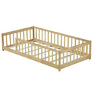 Lit au sol Montessori Bellemave double avec barrière de sécurité, lit plateforme pour enfants avec rambardes, cadre en bois massif, pour chambre d'enfant et de bébé