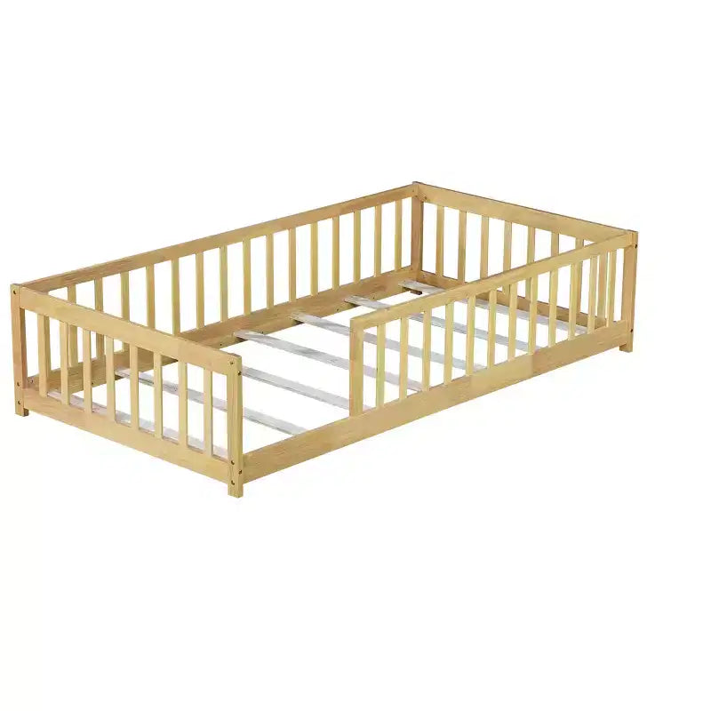 Lit au sol Montessori Bellemave double avec barrière de sécurité, lit plateforme pour enfants avec rambardes, cadre en bois massif, pour chambre d'enfant et de bébé
