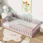 Lit au sol Montessori Bellemave double avec barrière de sécurité, lit plateforme pour enfants avec rambardes, cadre en bois massif, pour chambre d'enfant et de bébé