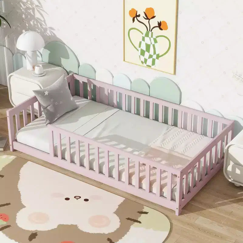 Lit au sol Montessori Bellemave double avec barrière de sécurité, lit plateforme pour enfants avec rambardes, cadre en bois massif, pour chambre d'enfant et de bébé