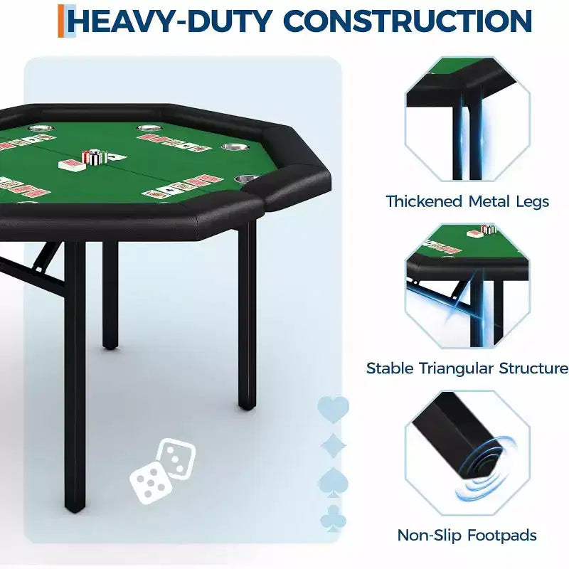Table de poker pliable de 48 pouces pour 8 joueurs, table de jeu pliable portable avec accoudoirs rembourrés, porte-gobelets en acier inoxydable, pieds métalliques pliables
