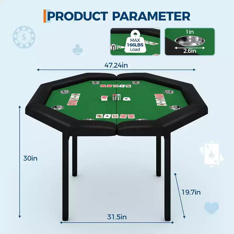 Table de poker pliable de 48 pouces pour 8 joueurs, table de jeu pliable portable avec accoudoirs rembourrés, porte-gobelets en acier inoxydable, pieds métalliques pliables