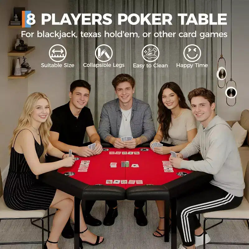 Table de poker pliable de 48 pouces pour 8 joueurs, table de jeu pliable portable avec accoudoirs rembourrés, porte-gobelets en acier inoxydable, pieds métalliques pliables