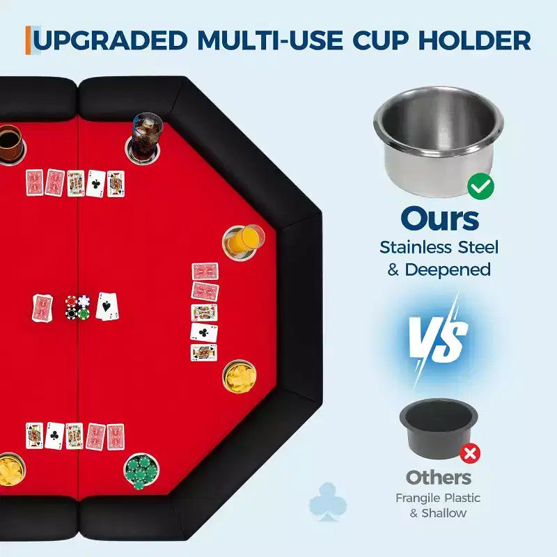 Table de poker pliable de 48 pouces pour 8 joueurs, table de jeu pliable portable avec accoudoirs rembourrés, porte-gobelets en acier inoxydable, pieds métalliques pliables