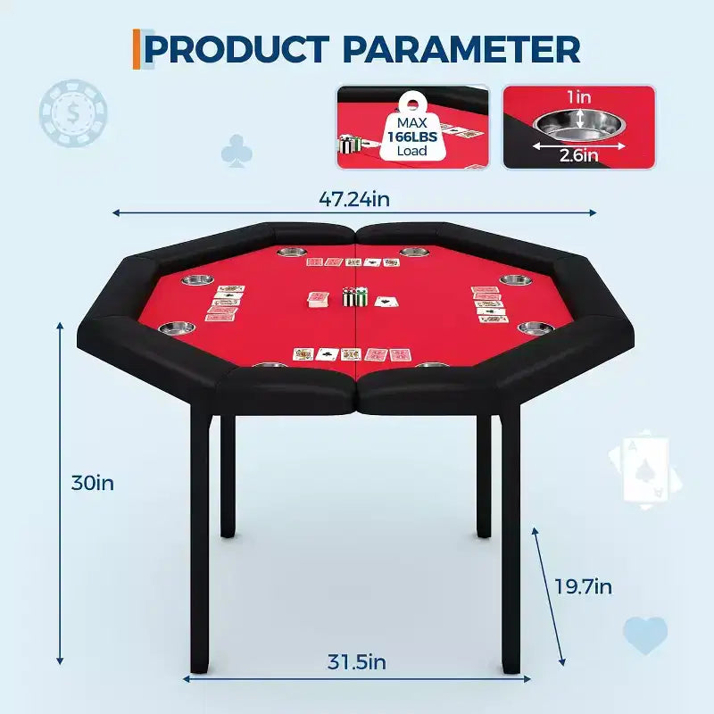 Table de poker pliable de 48 pouces pour 8 joueurs, table de jeu pliable portable avec accoudoirs rembourrés, porte-gobelets en acier inoxydable, pieds métalliques pliables