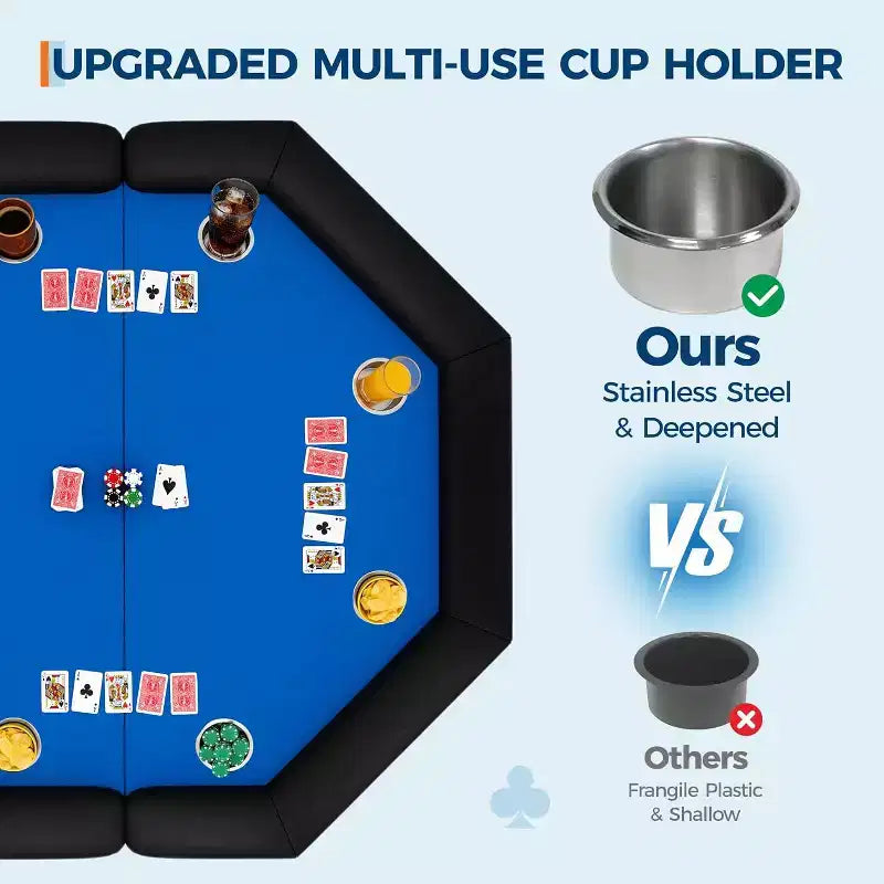 Table de poker pliable de 48 pouces pour 8 joueurs, table de jeu pliable portable avec accoudoirs rembourrés, porte-gobelets en acier inoxydable, pieds métalliques pliables