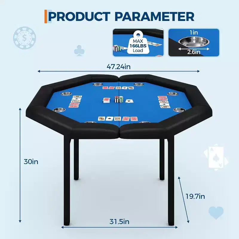 Table de poker pliable de 48 pouces pour 8 joueurs, table de jeu pliable portable avec accoudoirs rembourrés, porte-gobelets en acier inoxydable, pieds métalliques pliables
