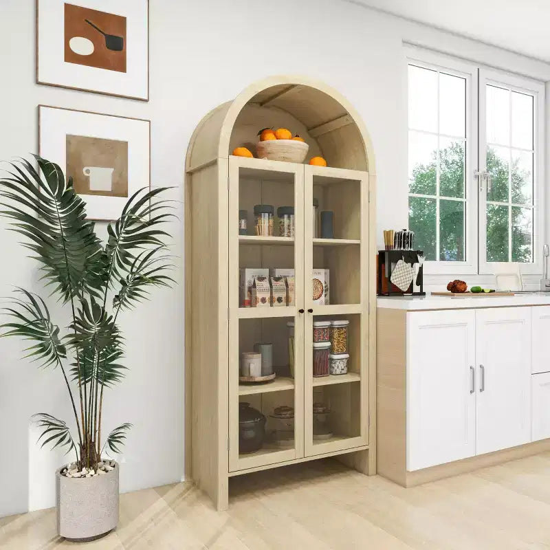 Garde-manger haut à arche pour cuisine, Meuble de rangement de cuisine en bois style ferme moderne, Vitrine arquée avec étagères réglables pour cuisine Naturel