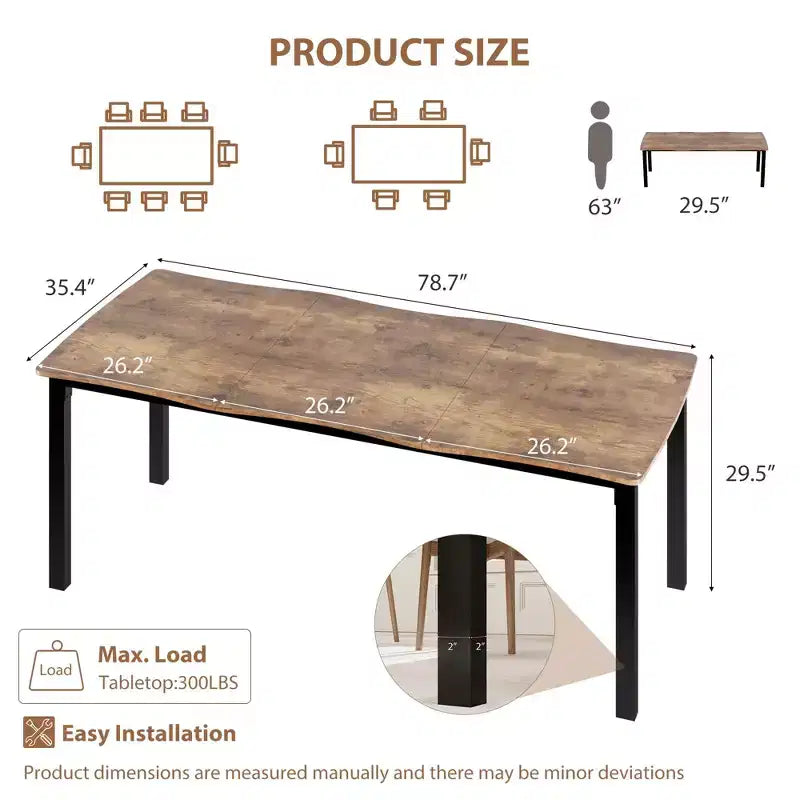 Table à manger pour 6 à 8 personnes, table rustique à bords irréguliers Wave avec plateau épais en MDF et cadre en métal, étanche et résistante aux rayures, en marbre polyvalent.