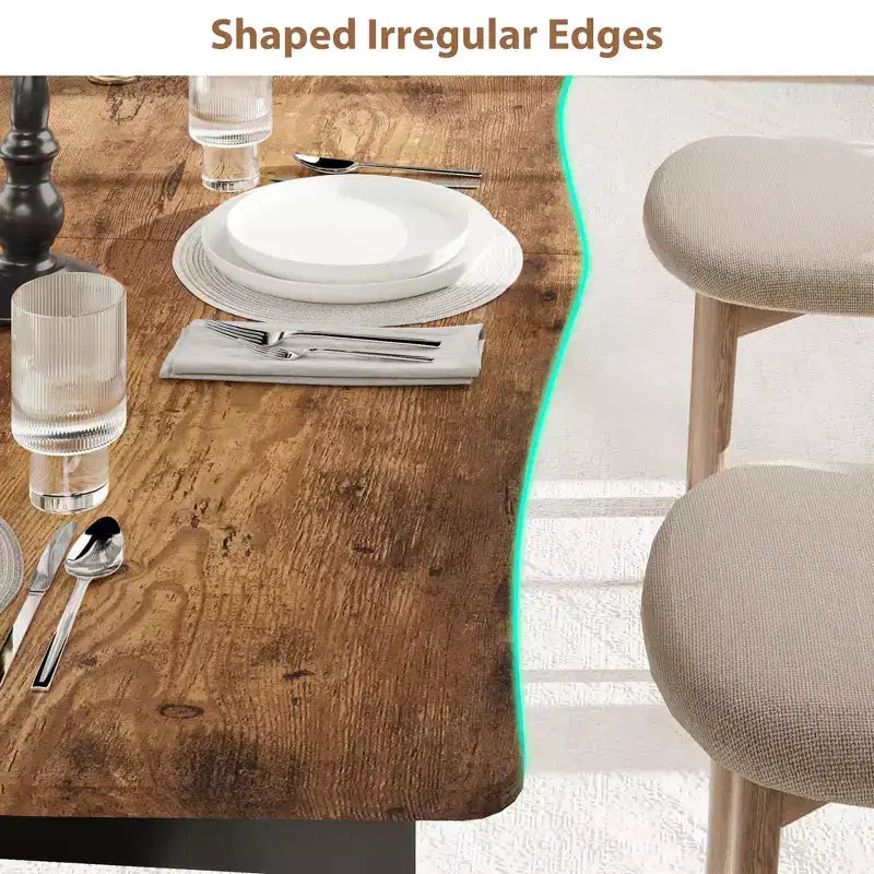 Table à manger pour 6 à 8 personnes, table rustique à bords irréguliers Wave avec plateau épais en MDF et cadre en métal, étanche et résistante aux rayures, en marbre polyvalent.