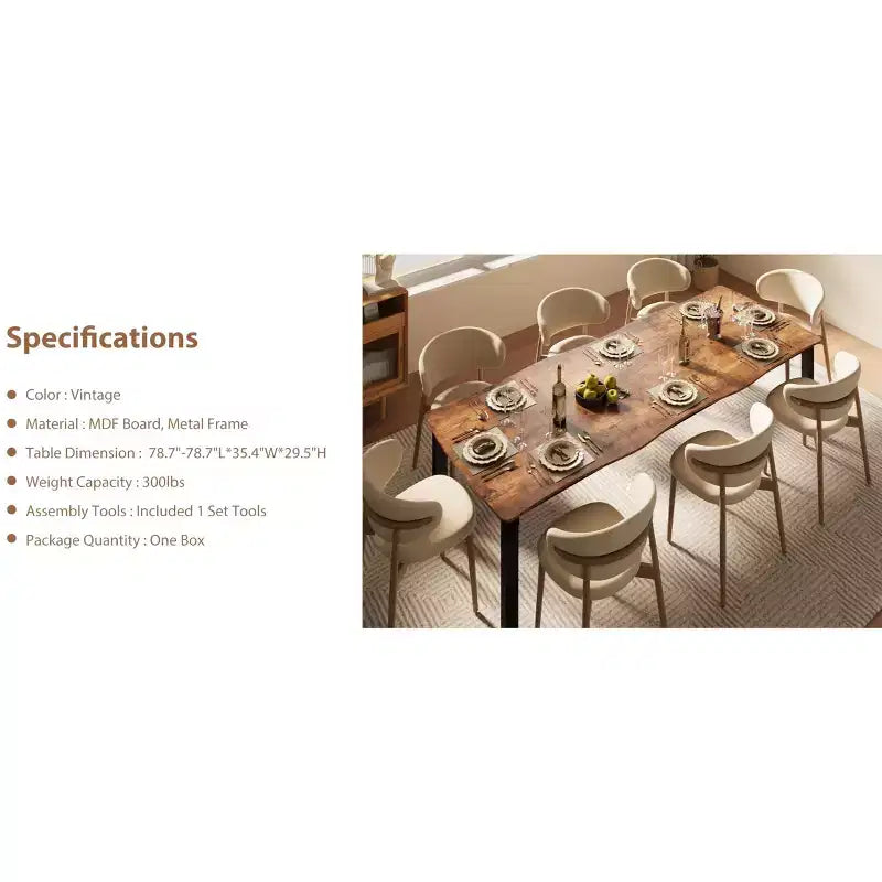 Table à manger pour 6 à 8 personnes, table rustique à bords irréguliers Wave avec plateau épais en MDF et cadre en métal, étanche et résistante aux rayures, en marbre polyvalent.