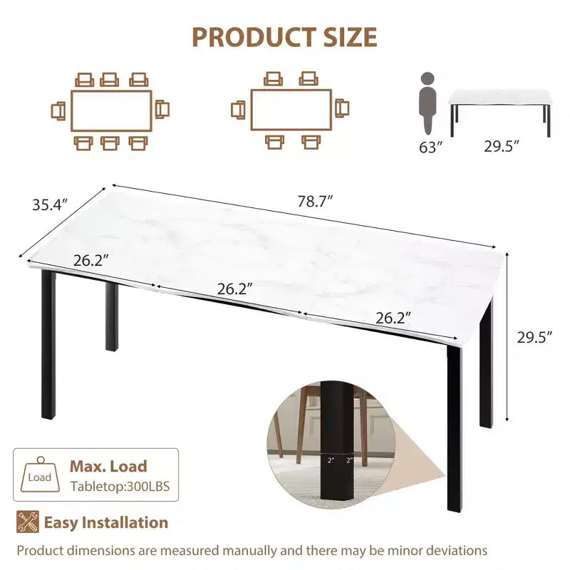 Table à manger pour 6 à 8 personnes, table rustique à bords irréguliers Wave avec plateau épais en MDF et cadre en métal, étanche et résistante aux rayures, en marbre polyvalent.