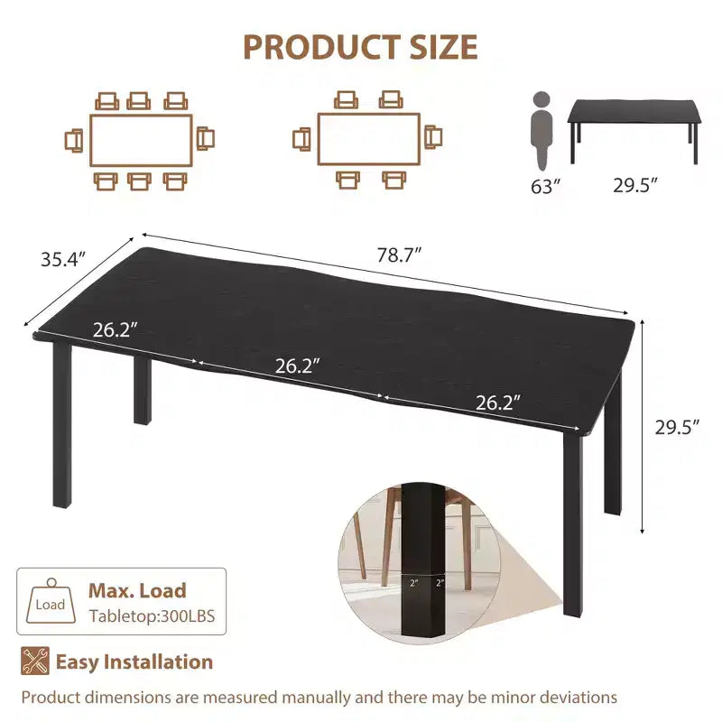 Table à manger pour 6 à 8 personnes, table rustique à bords irréguliers Wave avec plateau épais en MDF et cadre en métal, étanche et résistante aux rayures, en marbre polyvalent.