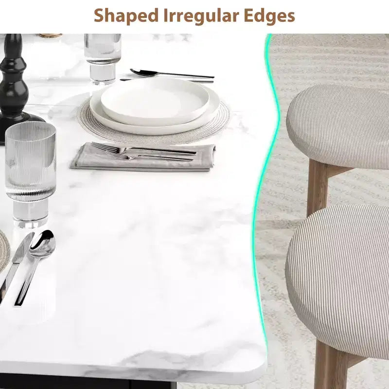 Table à manger pour 6 à 8 personnes, table rustique à bords irréguliers Wave avec plateau épais en MDF et cadre en métal, étanche et résistante aux rayures, en marbre polyvalent.