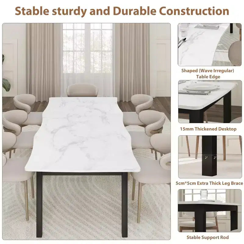 Table à manger pour 6 à 8 personnes, table rustique à bords irréguliers Wave avec plateau épais en MDF et cadre en métal, étanche et résistante aux rayures, en marbre polyvalent.