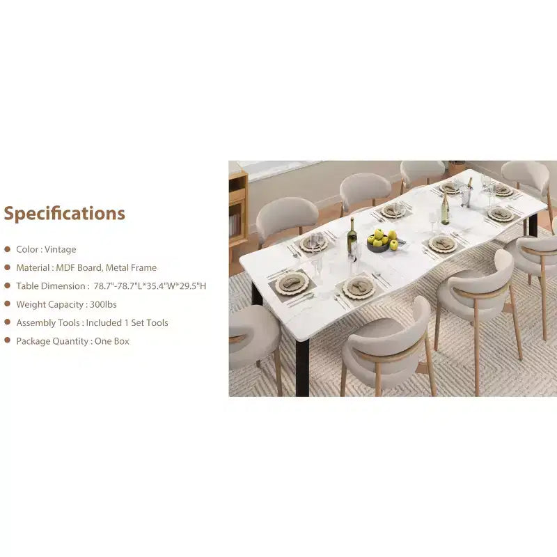 Table à manger pour 6 à 8 personnes, table rustique à bords irréguliers Wave avec plateau épais en MDF et cadre en métal, étanche et résistante aux rayures, en marbre polyvalent.