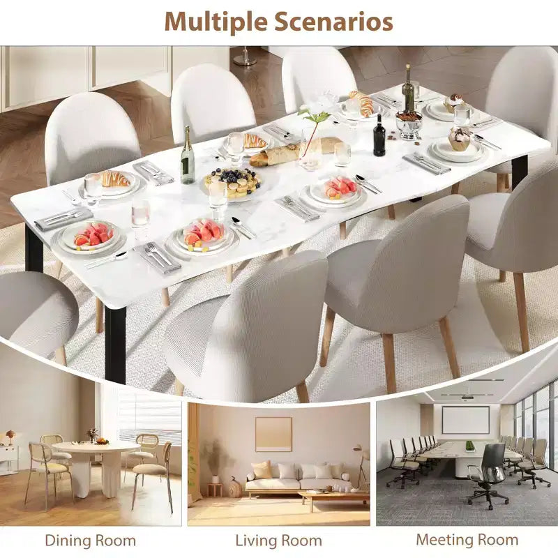 Table à manger pour 6 à 8 personnes, table rustique à bords irréguliers Wave avec plateau épais en MDF et cadre en métal, étanche et résistante aux rayures, en marbre polyvalent.