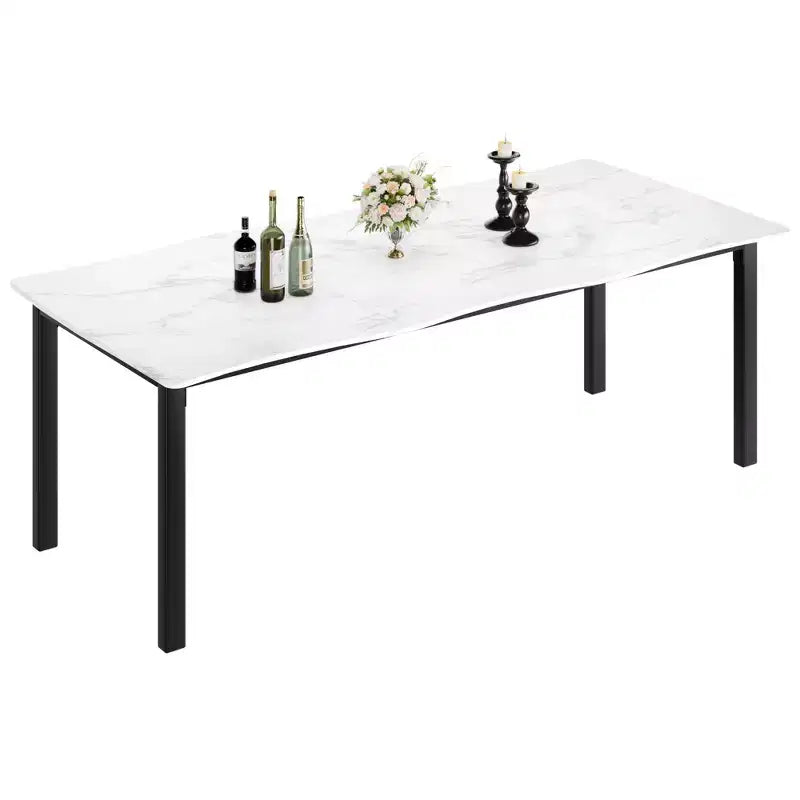 Table à manger pour 6 à 8 personnes, table rustique à bords irréguliers Wave avec plateau épais en MDF et cadre en métal, étanche et résistante aux rayures, en marbre polyvalent.