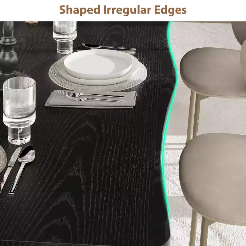 Table à manger pour 6 à 8 personnes, table rustique à bords irréguliers Wave avec plateau épais en MDF et cadre en métal, étanche et résistante aux rayures, en marbre polyvalent.