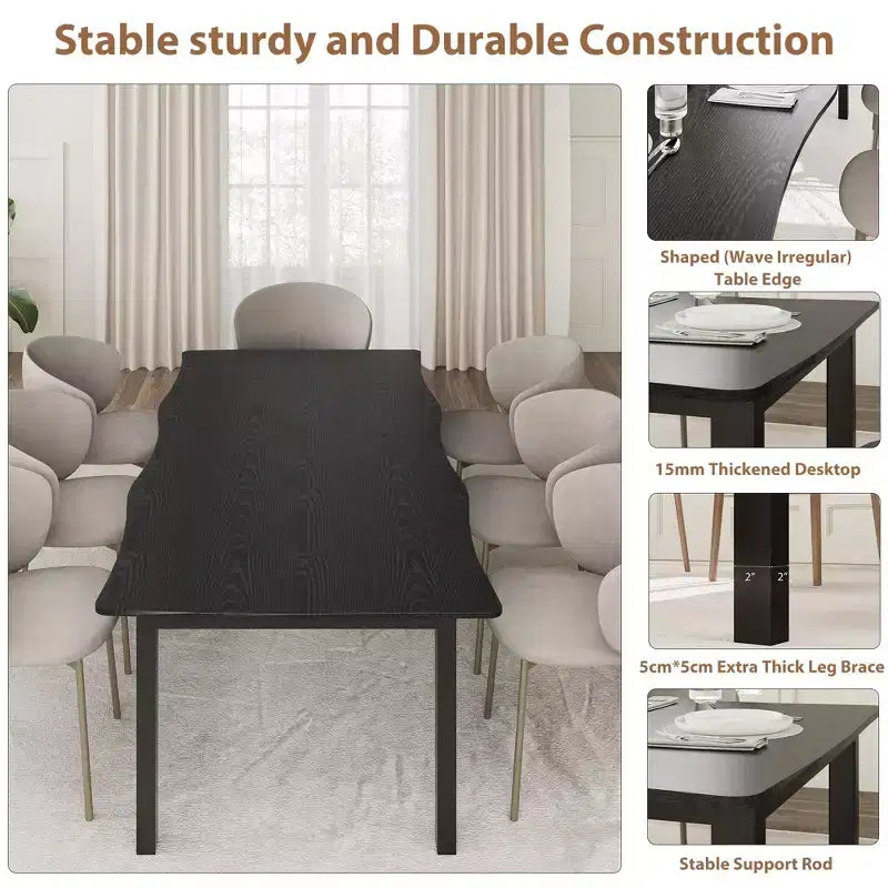 Table à manger pour 6 à 8 personnes, table rustique à bords irréguliers Wave avec plateau épais en MDF et cadre en métal, étanche et résistante aux rayures, en marbre polyvalent.