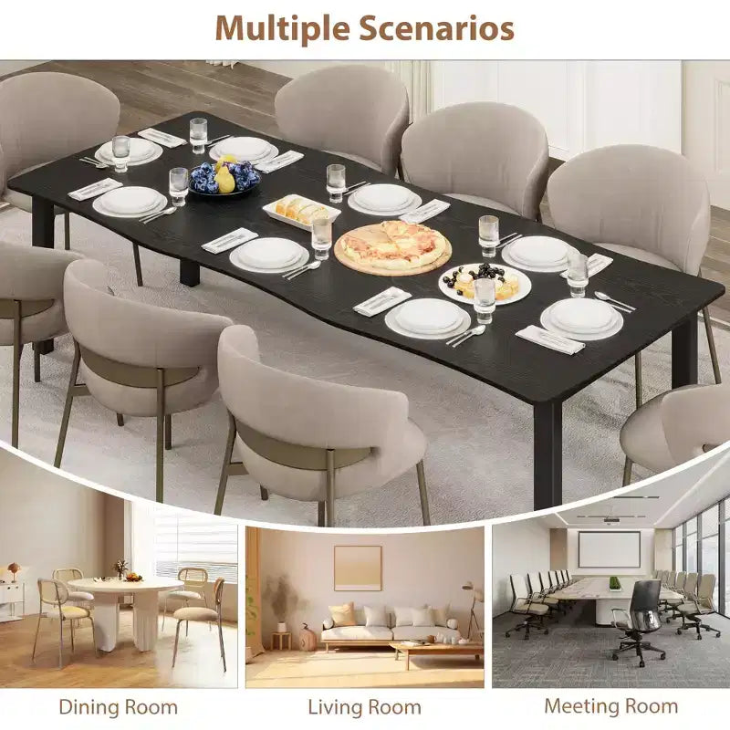 Table à manger pour 6 à 8 personnes, table rustique à bords irréguliers Wave avec plateau épais en MDF et cadre en métal, étanche et résistante aux rayures, en marbre polyvalent.