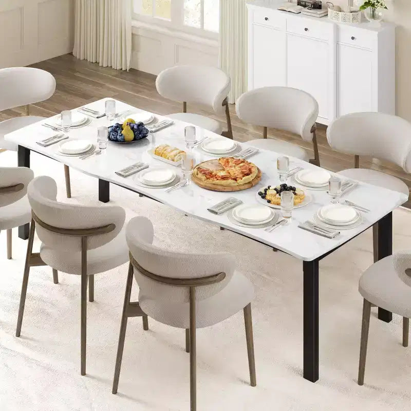 Table à manger pour 6 à 8 personnes, table rustique à bords irréguliers Wave avec plateau épais en MDF et cadre en métal, étanche et résistante aux rayures, en marbre polyvalent.