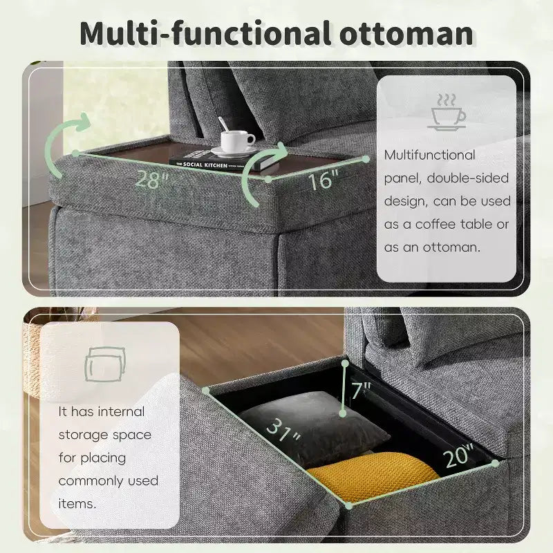 GDFStudio Nathan Canapé d'angle moderne en chenille en forme de L avec pouf de rangement et console d'accoudoir réglable avec ports de chargement