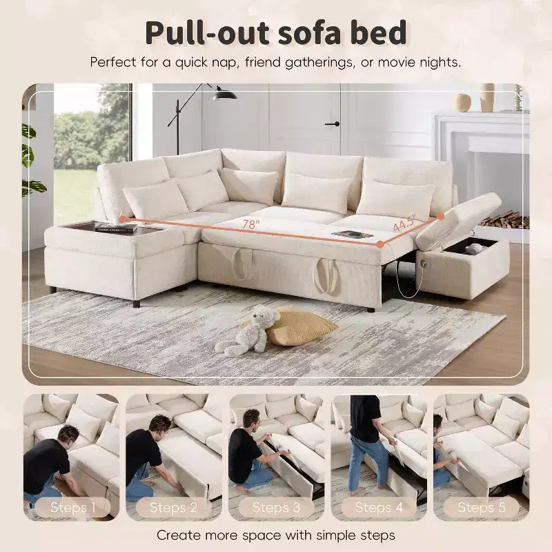 GDFStudio Nathan Canapé d'angle moderne en chenille en forme de L avec pouf de rangement et console d'accoudoir réglable avec ports de chargement