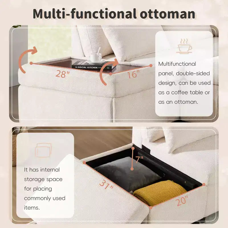 GDFStudio Nathan Canapé d'angle moderne en chenille en forme de L avec pouf de rangement et console d'accoudoir réglable avec ports de chargement