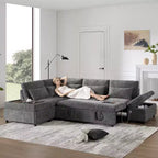 GDFStudio Nathan Canapé d'angle moderne en chenille en forme de L avec pouf de rangement et console d'accoudoir réglable avec ports de chargement