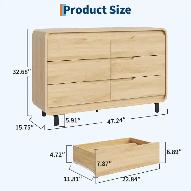Commode à 6 tiroirs pour chambre à coucher, commode moderne en bois de 120 cm de large avec grand espace de rangement en bois, chiffonnier