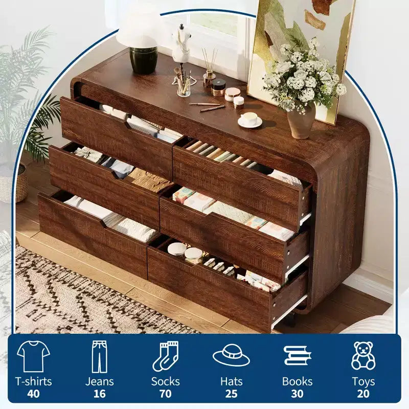 Commode à 6 tiroirs pour chambre à coucher, commode moderne en bois de 120 cm de large avec grand espace de rangement en bois, chiffonnier
