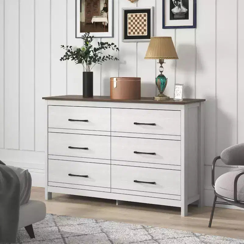 Commode 6 tiroirs Galano en chêne blanc perlé avec glissières fluides 47 L