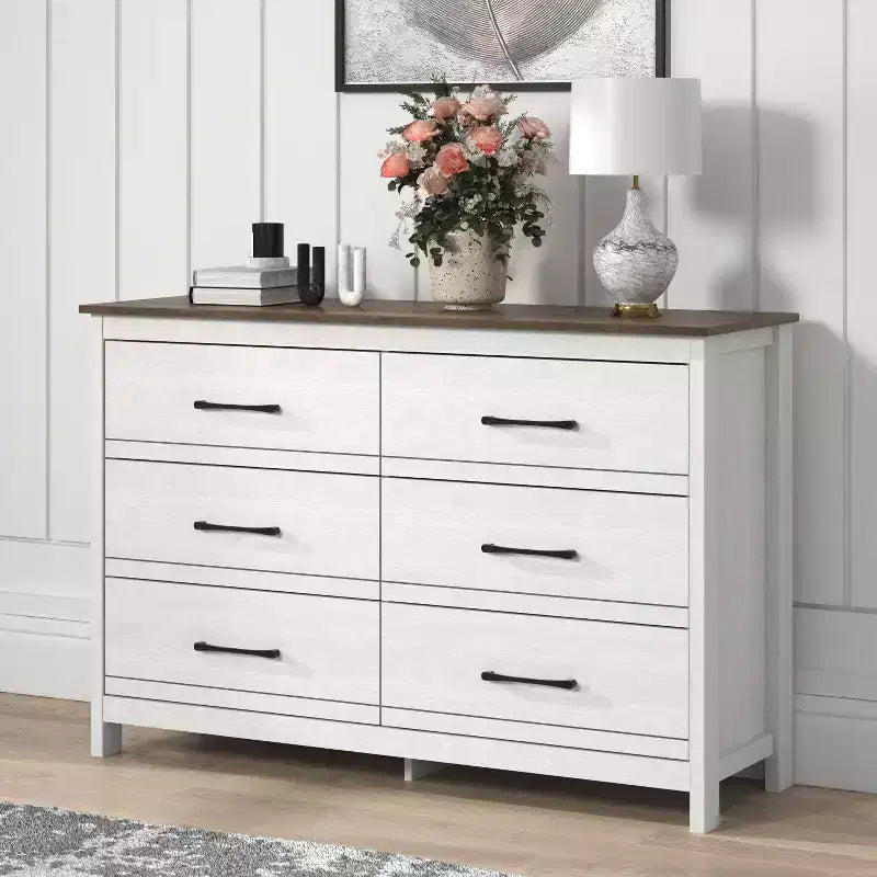 Commode 6 tiroirs Galano en chêne blanc perlé avec glissières fluides 47 L