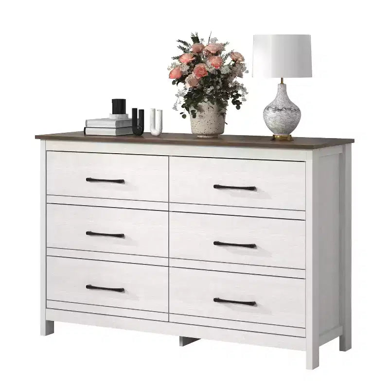 Commode 6 tiroirs Galano en chêne blanc perlé avec glissières fluides 47 L