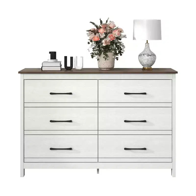 Commode 6 tiroirs Galano en chêne blanc perlé avec glissières fluides 47 L