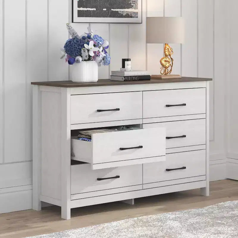 Commode 6 tiroirs Galano en chêne blanc perlé avec glissières fluides 47 L