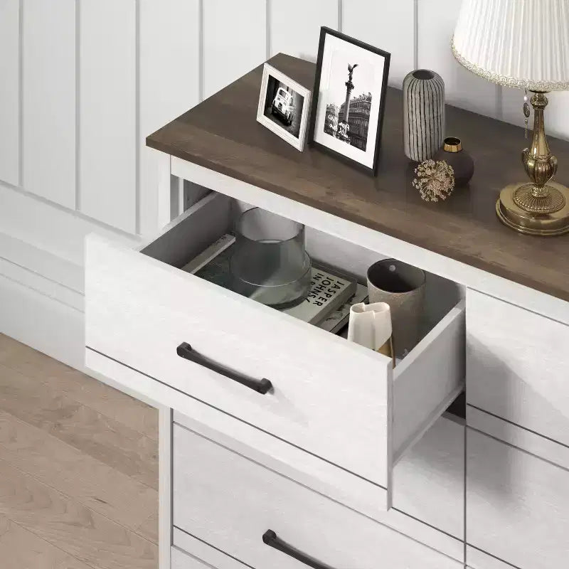 Commode 6 tiroirs Galano en chêne blanc perlé avec glissières fluides 47 L