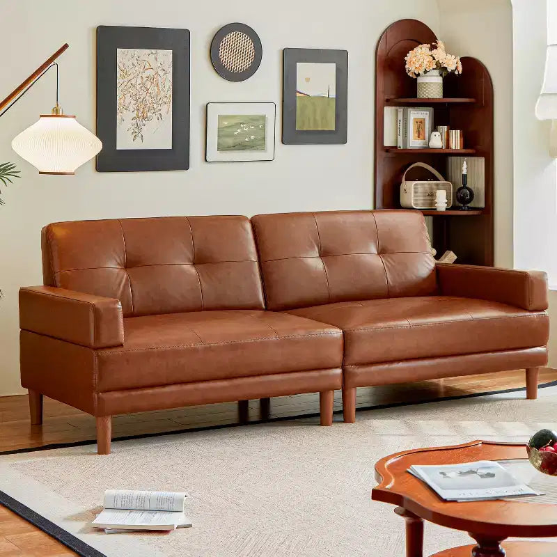 ATJafurn Canapé Moderne de Luxe en Cuir Marron de 240 cm Style Minimaliste et Moderne Cadre Robuste Surface Douce, Respirante et Facile à Nettoyer