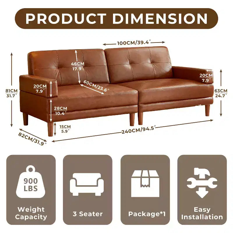ATJafurn Canapé Moderne de Luxe en Cuir Marron de 240 cm Style Minimaliste et Moderne Cadre Robuste Surface Douce, Respirante et Facile à Nettoyer